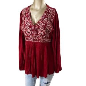 Knox Rose Red Boho Floral Gypsie Blouse Women Size Medium Embroidered
